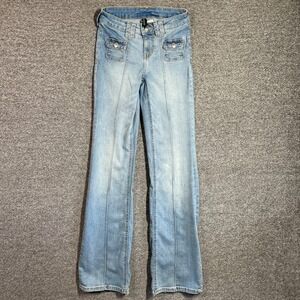 HM Divided Light Wash Flare Jeans Front Seam Flap Pockets Size 0